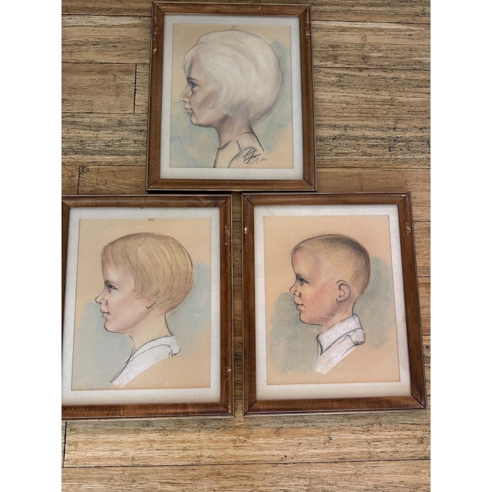 3 Vintage Framed Children Pastel Portrait Painting‎ Drawings Artwork. Signed